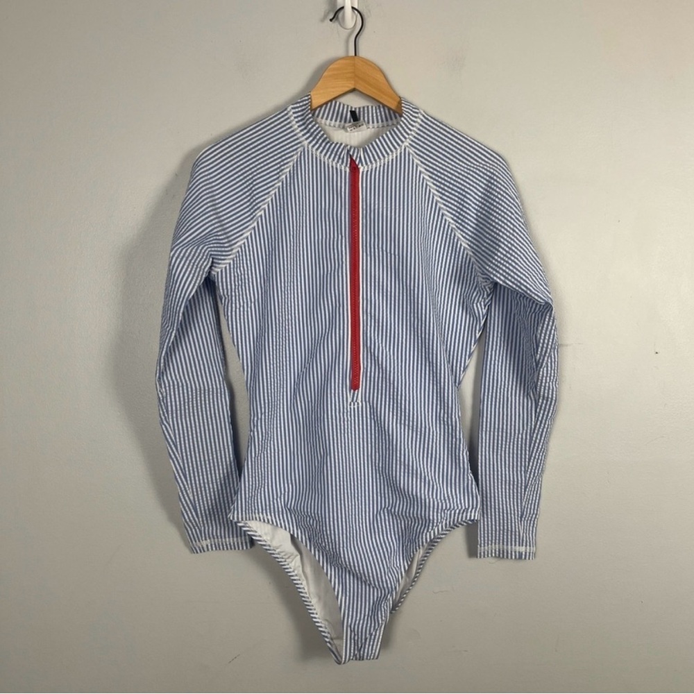 J. Crew blue and white striped rash guard one piece swimsuit size 8 - Picture 2 of 6